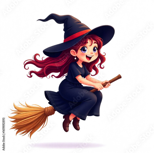 A witch dressed in black flies on a broomstick during Halloween
