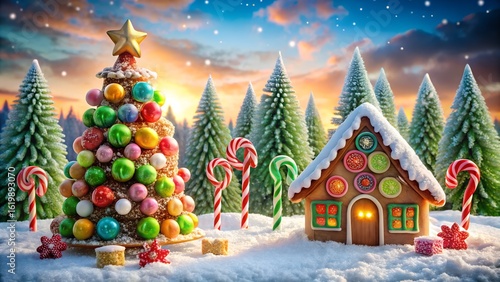 Photo of whimsical christmas scene with a colorful, decorated tree and a gingerbread house, surrounded by candy canes and festive ornaments in a snowy landscape