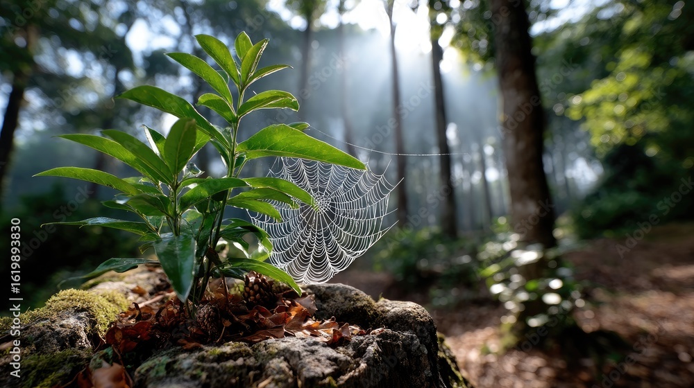 Obraz premium Spider web in forest with dew drops
