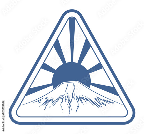 Travel map icon. Tourism patch. Mountain sunrise. Silhouette sun rays. Extreme vacation label. Journey tour retro logo. Rock climbing. Mountaineering adventure. Vector isolated triangle blue sticker
