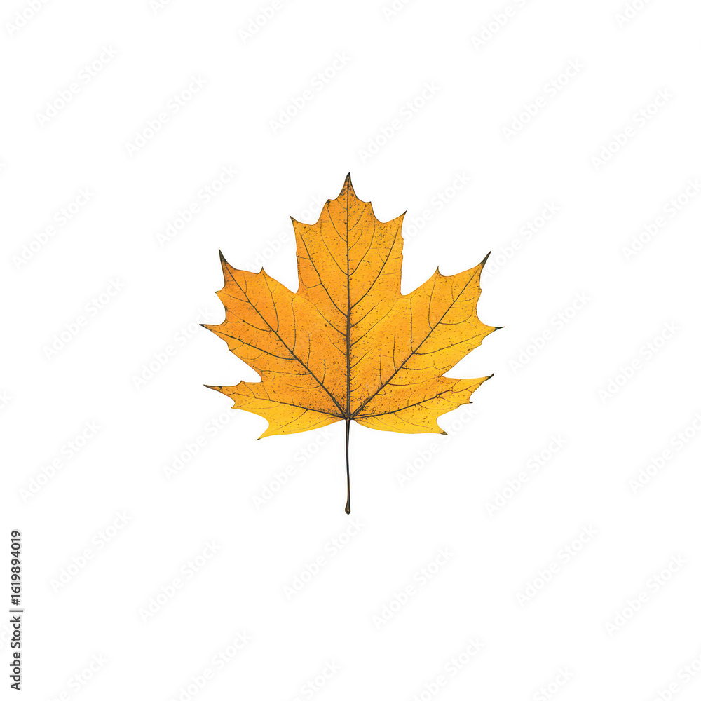 Fototapeta premium A single vibrant yellow maple leaf with detailed veins isolated on a transparent background isolated on transparent background