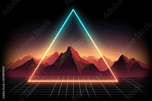 Retrofuturistic landscape framed by glowing geometric shapes