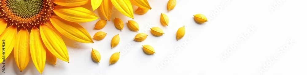 Obraz premium Scattered sunflower seeds, crisp detail, pure white backdrop, sunflower seeds, image