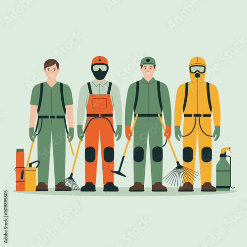 Team of professionals in protective gear for various cleaning and safety tasks