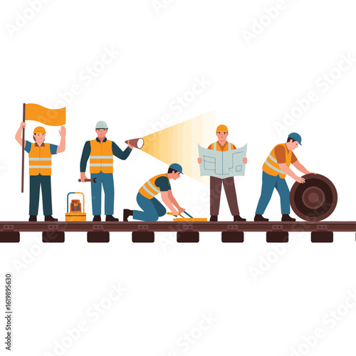 Construction workers building railway tracks with tools and equipment