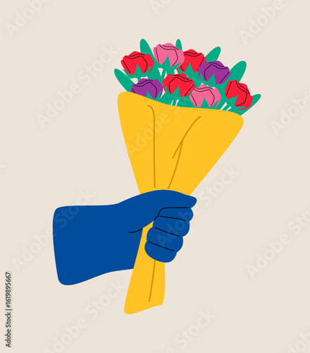 Hand holding flower bouquet. Colorful vector illustration