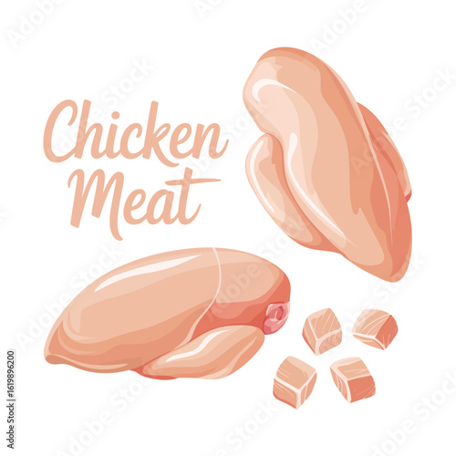 Raw chicken breast fillets and cubes with text chicken meat