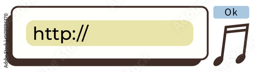 Web link entry field with http placeholder, blue confirmation button labeled Ok, and music note. Ideal for technology, online interaction, user interface, communication, web tools, app design