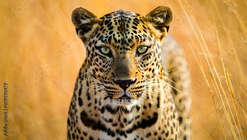 Close-Up of Leopard in Golden Grassland
