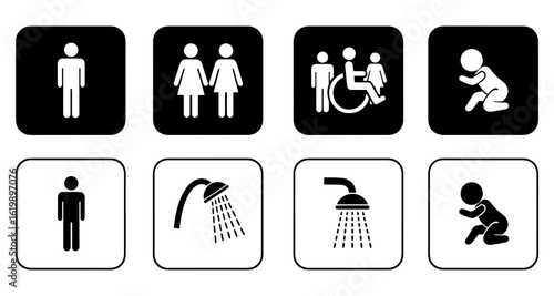 Silhouette vector pictogram set featuring people, shower and disability access symbols on transparent background
