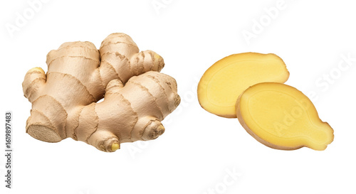 Isolated Fresh Ginger Root and Slice