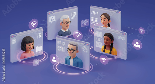 Diverse group of people virtually connected through technology platform illustration