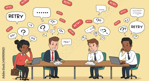 Frustrated coworkers at a meeting facing technical difficulties and error messages