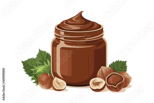 Delicious chocolate hazelnut spread in a jar with fresh hazelnuts and leaves
