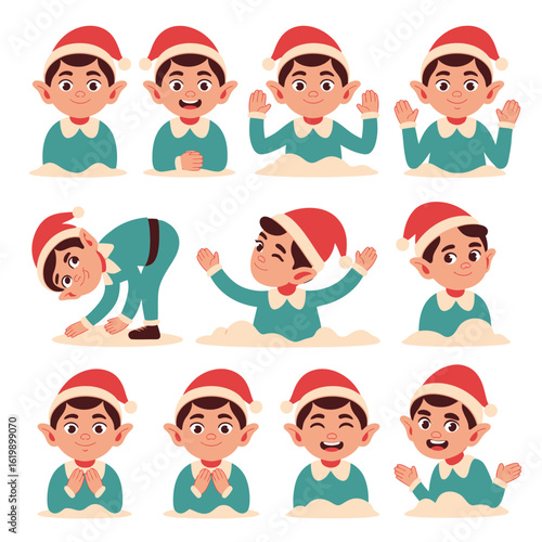 Collection of christmas elf characters showing various emotions and poses