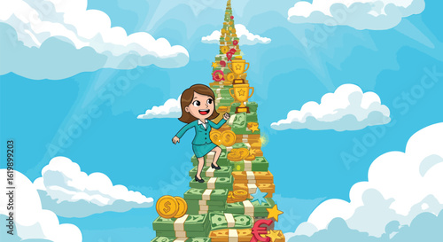 Woman climbing a staircase of money, achieving success and reaching for the trophy