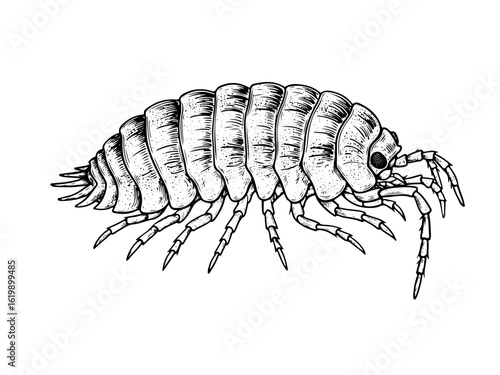 isopod engraving,  line art engraving, vector illustration, isolated on white background