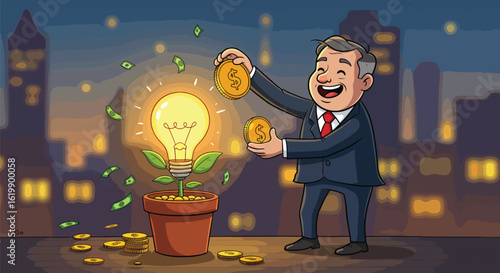 Investing in Ideas Man placing coins next to light bulb plant illustration