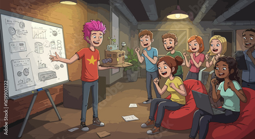 Enthusiastic young team excited about a new project presentation in the office