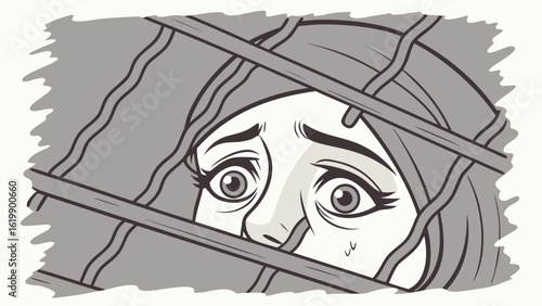 A young woman with wide fearful eyes peeks through prison bars her expression conveying distress and desperation