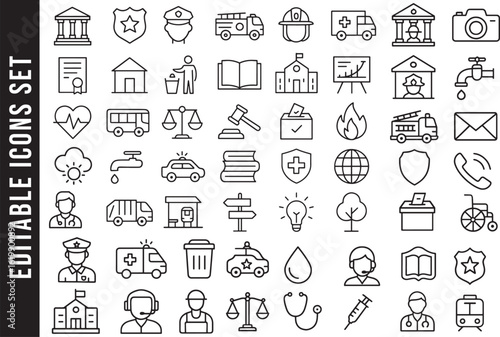 Public Services, Government, and City Life Line Icon Set