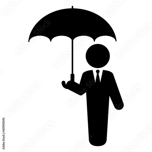 Icono silueta de hombre con traje y paraguas abierto 