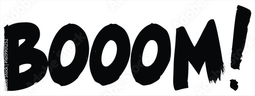 Bold black comic book-style lettering spelling out "BOOOM" with an exclamation point representing an explosion sound effect or impactful event