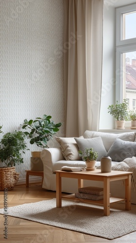 Bright and inviting living room with cozy seating, potted plants, and natural wooden furniture, perfect for relaxation and comfort.