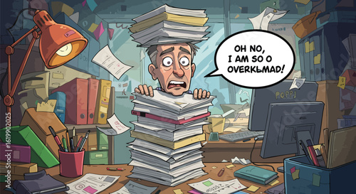 Overworked and overwhelmed cartoon character buried under a mountain of paperwork