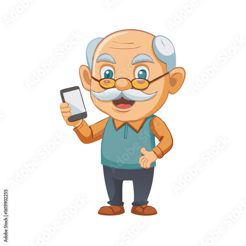 Charming old man cartoon character holding smartphone and talking and smiling
