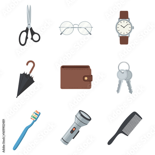 Essentials Selection A meticulously curated collection of everyday essential items. Each object in the frame, embodying practicality and style, is presented against a plain backdrop.