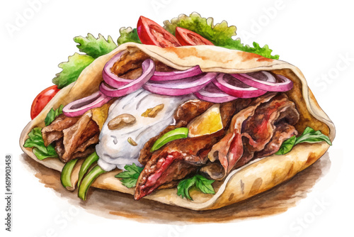 Vector cartoon of Greek gyros served in pita with tzatziki, meat, onions, tomatoes, and fries. Mediterranean street food concept perfect for menus and food banners