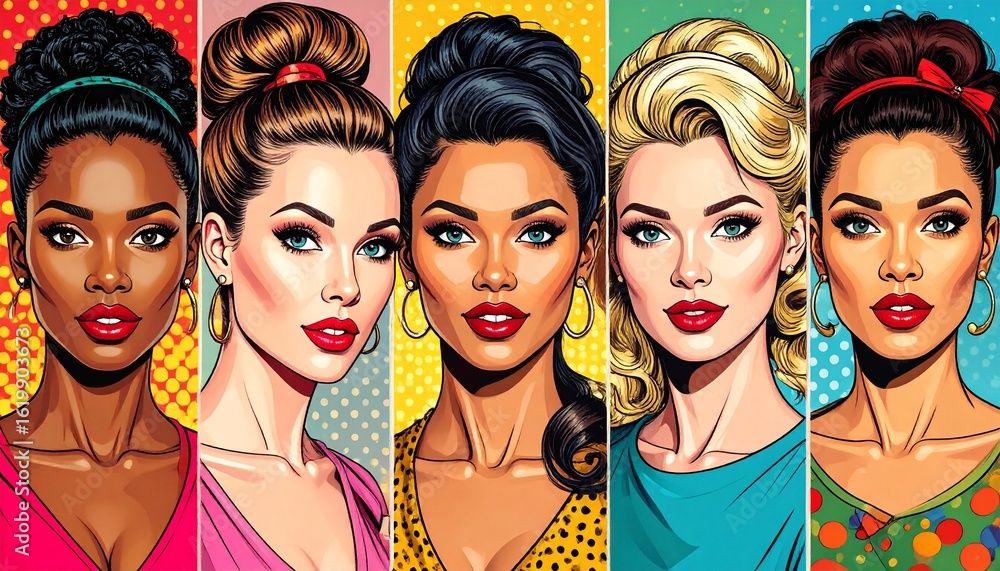Obraz premium Creative portrait of diverse women in pop-art comic book style, each with unique hairstyle and expression, bold makeup tones