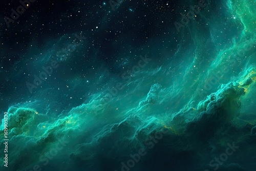 Deep space nebula, vibrant turquoise and emerald hues, star-studded night sky
