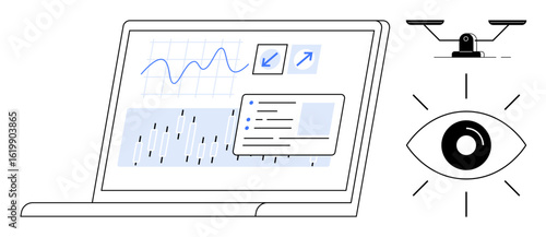 Laptop screen displaying data visualizations, charts, and notes. Accompanied by a scale symbol and an eye, representing analysis, balance, transparency, and insight. Ideal for analytics strategy