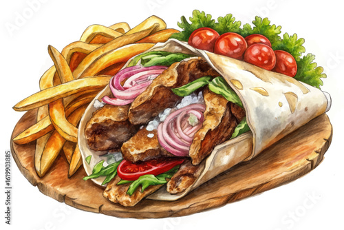Vector cartoon of Greek gyros served in pita with tzatziki, meat, onions, tomatoes, and fries. Mediterranean street food concept perfect for menus and food banners