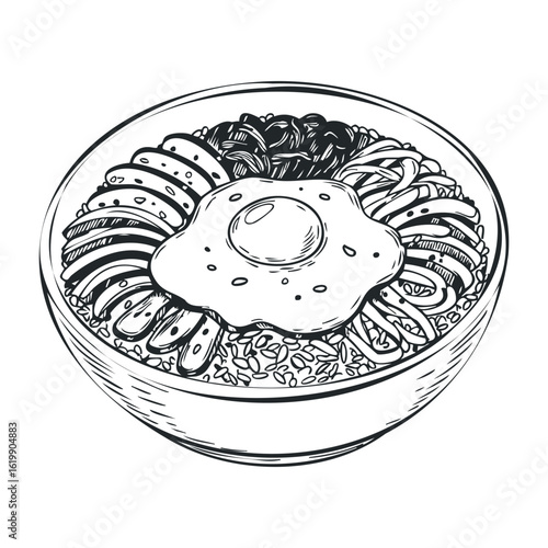 Delicious korean bibimbap bowl with egg and vegetables in line art style. Vector illustration
