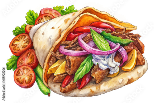 Vector cartoon of Greek gyros served in pita with tzatziki, meat, onions, tomatoes, and fries. Mediterranean street food concept perfect for menus and food banners