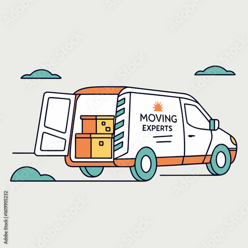 Moving van with boxes inside, moving service concept