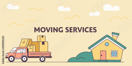 Moving service banner illustration with a truck, boxes and a house
