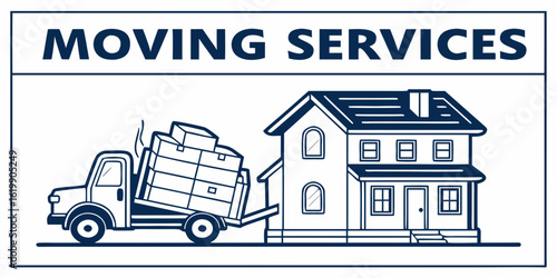 Moving services with a truck carrying furniture and a house