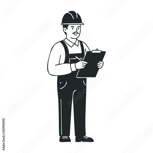 Male asian adult construction worker with helmet holding clipboard. Vector illustration