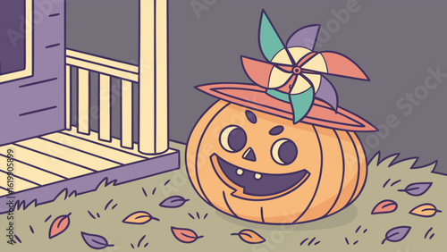 A cheerful jack o lantern with a colorful pinwheel hat sits on a lawn near a porch surrounded by fallen leaves ready for halloween festivities
