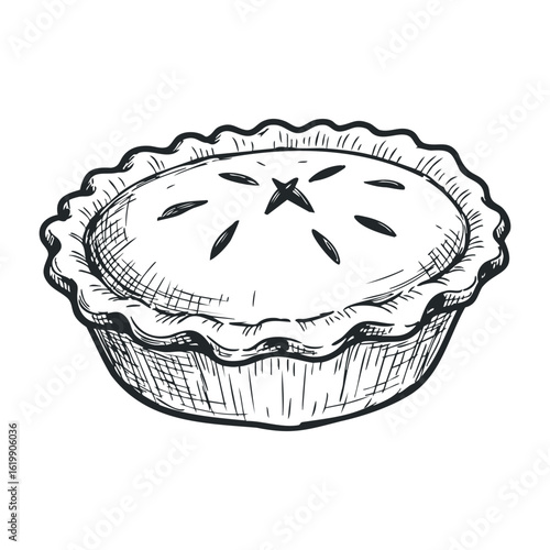 Rustic homemade apple pie sketch with fluted crust and star vent design. Vector illustration