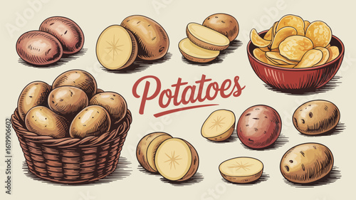 Hand-Drawn Potato and Vegetable Collection – Engraved Fresh Spuds, Chips in Dish, Full Sack of Potatoes, and Grouped Murphys Ready to Eat Vector Illustration

