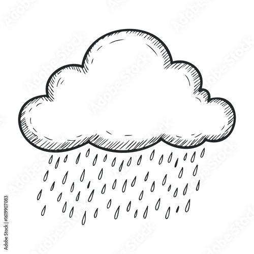 Hand-drawn rain cloud sketch with falling raindrops. Vector illustration