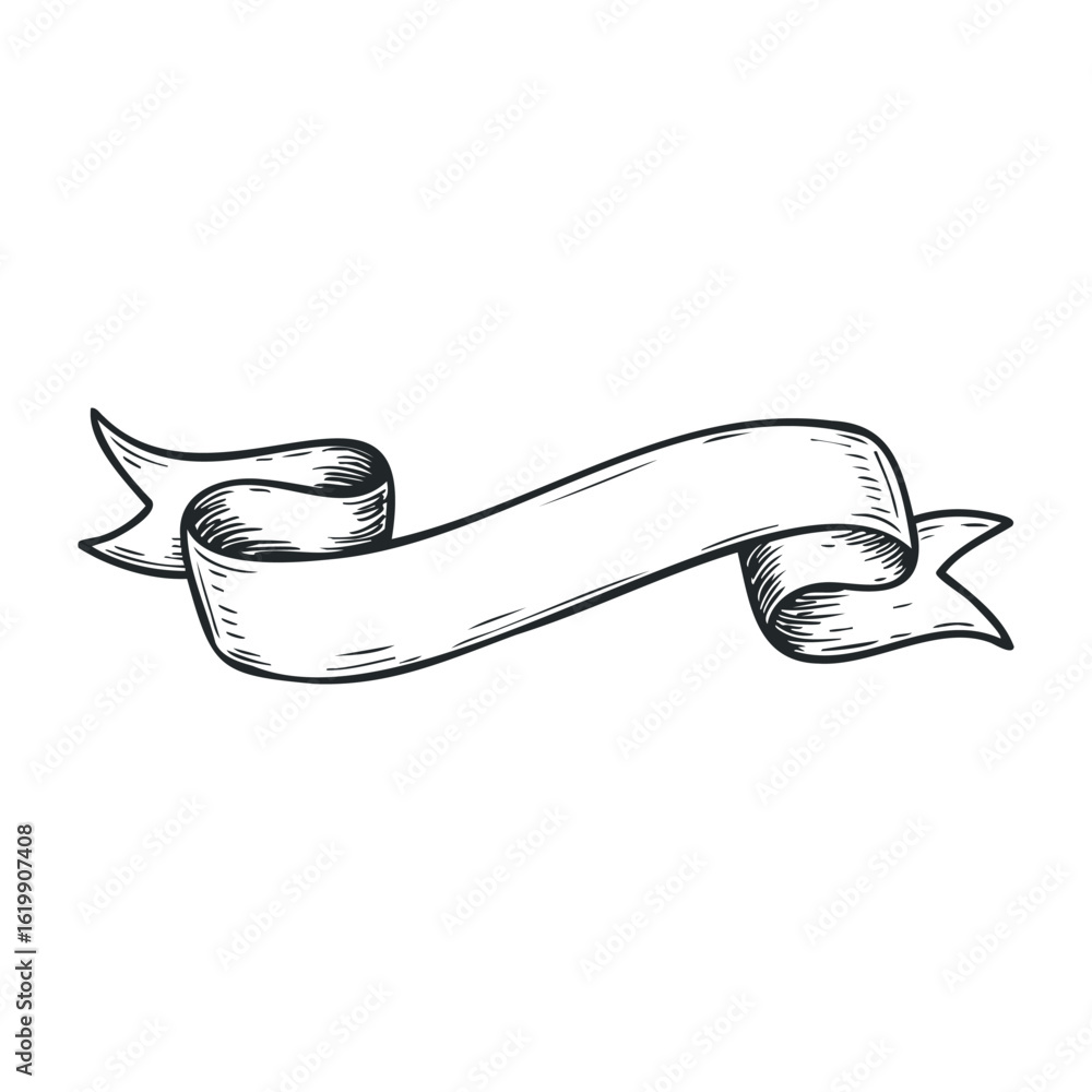 Fototapeta premium Vintage ribbon banner with scrolls and curved edges in black and white. Vector illustration