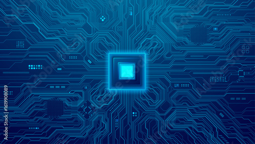Circuit board. AI innovation background concept. Abstract AI chip with a quantum semiconductor on a technology blue bg. Big Data and Cloud service concept. Digital vector illustration.