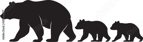 Black bear family walking cubs silhouette