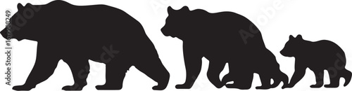 Black bear family walking cubs silhouette